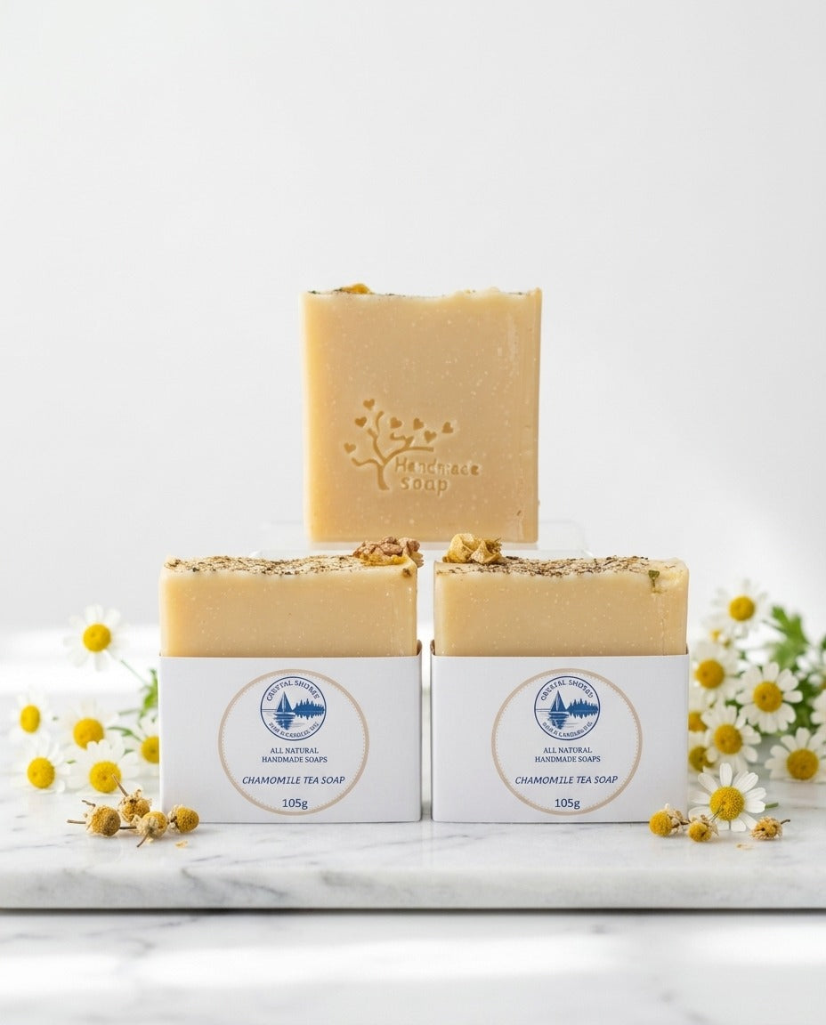 Chamomile Tea Soap — handmade soap on marble with chamomile flowers