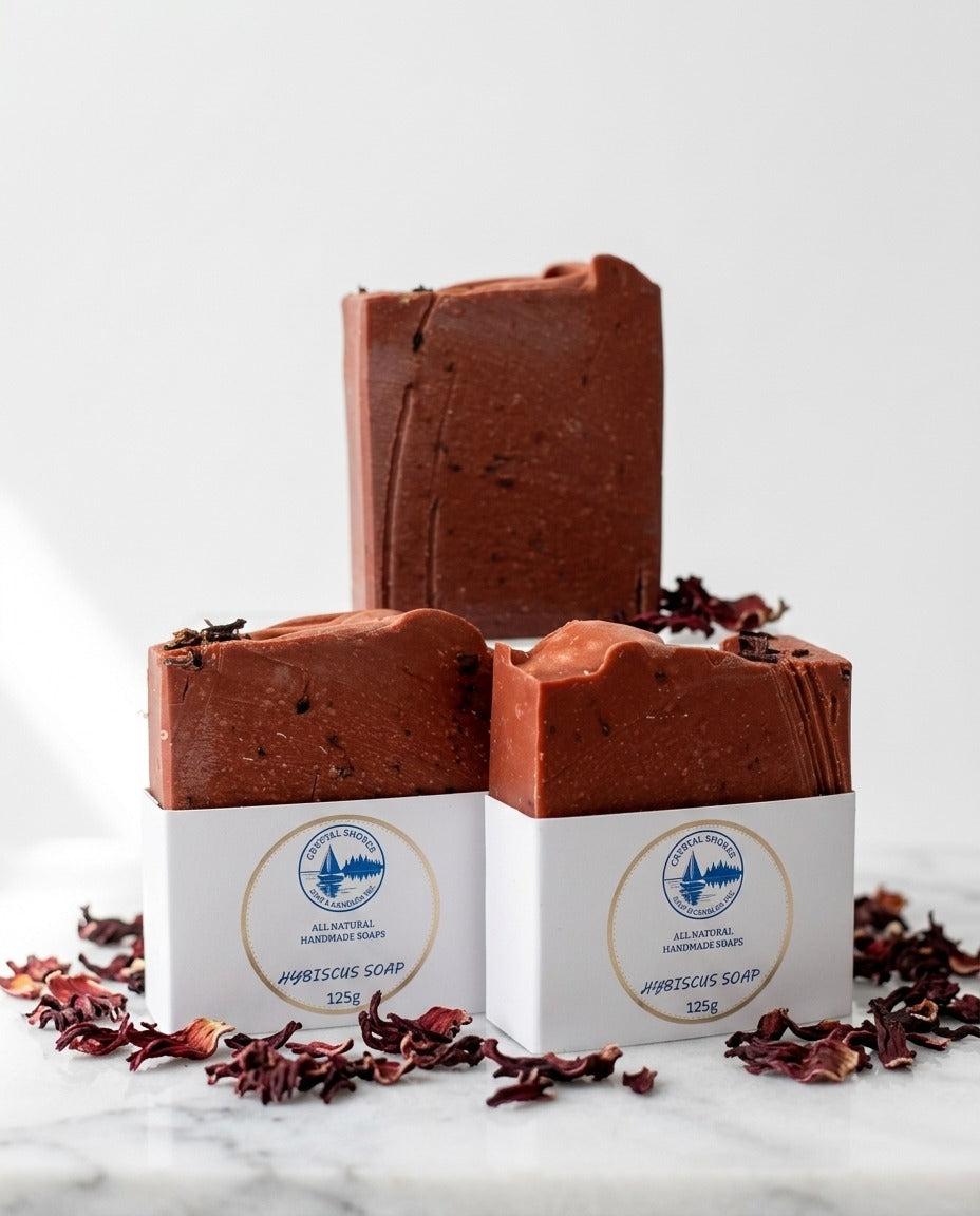 Hibiscus Soap — handmade soap on marble with hibiscus petals
