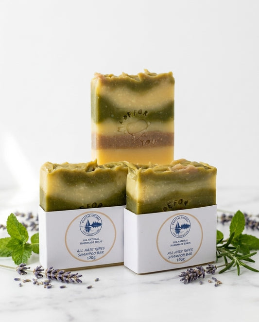 All Hair Types Shampoo Bar — handmade shampoo bar on marble with lavender and herbs