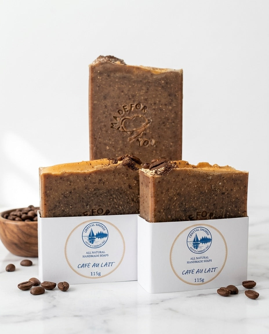 Café Au Lait — handmade soap on marble with coffee beans