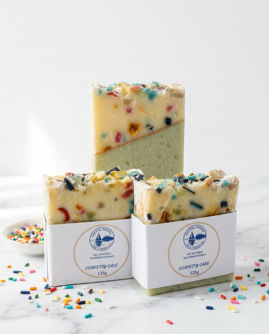 Confetti Cake — handmade soap on marble with candy sprinkles
