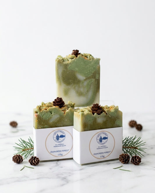 Evergreen Forest — handmade soap on marble with pine cones