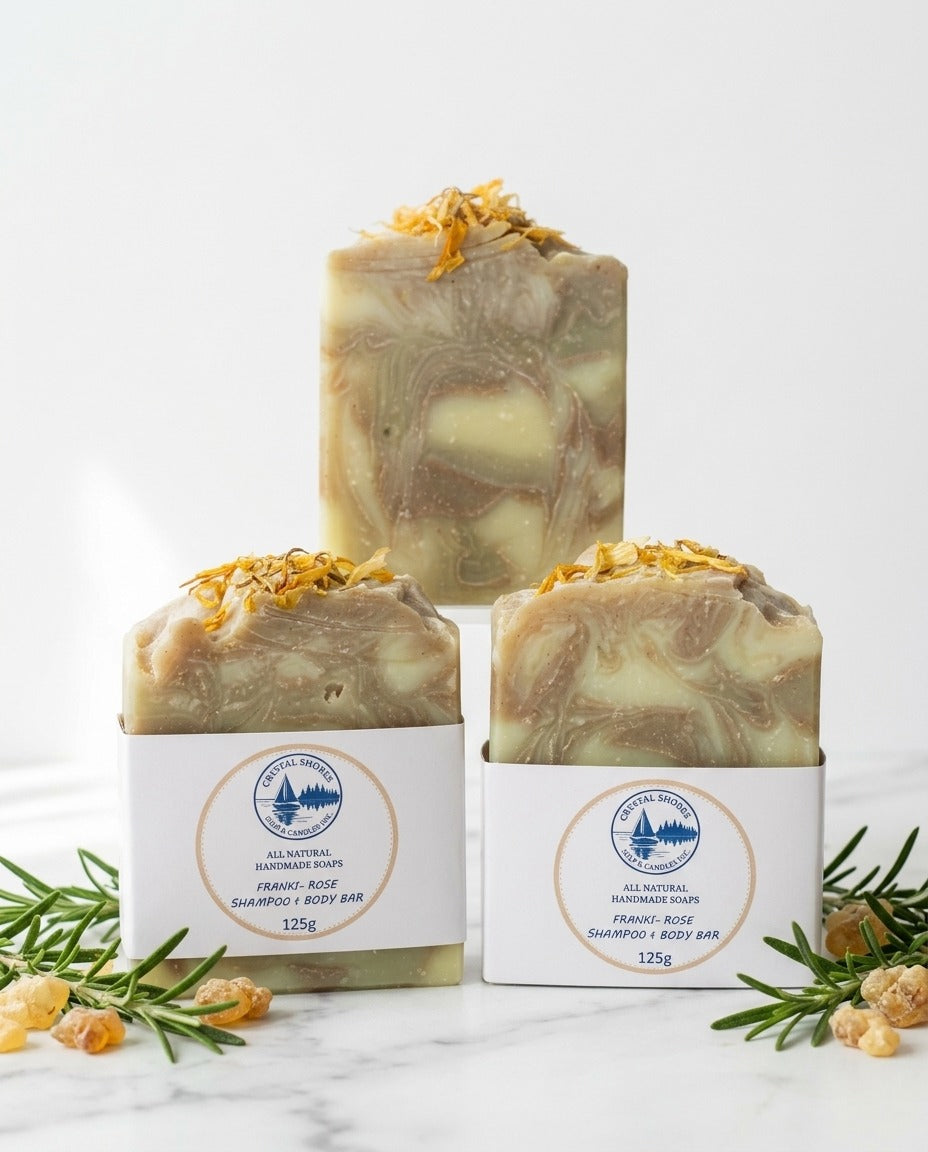Franki Rose — handmade shampoo bar on marble with rosemary and frankincense