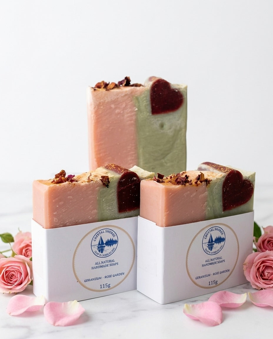 Geranium - Rose Garden — handmade soap on marble with rose petals