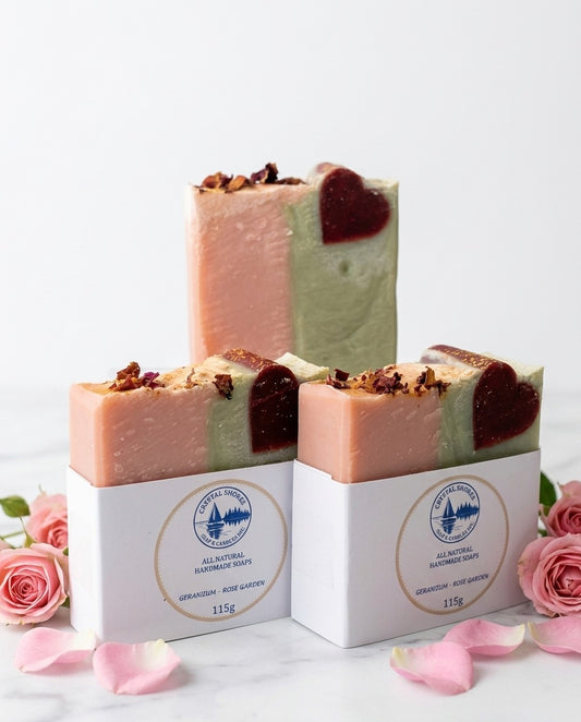 Geranium - Rose Garden — handmade soap on marble with rose petals
