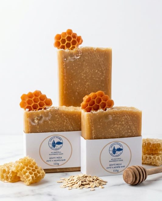 Goat’s Milk, Oats & Honey Bar — handmade soap on marble with honeycomb and oats