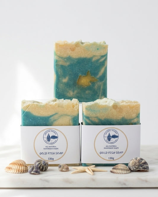 Gold Fish Soap — handmade natural soap on marble with seashells