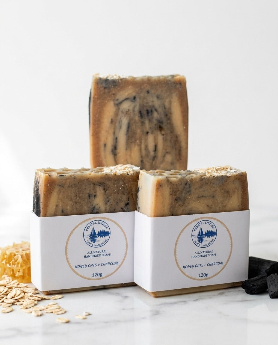 Honey Oats & Charcoal — handmade soap on marble with oats and honeycomb