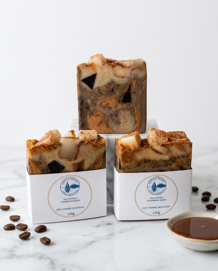 Iced Caramel Macchiato — handmade soap on marble with coffee beans