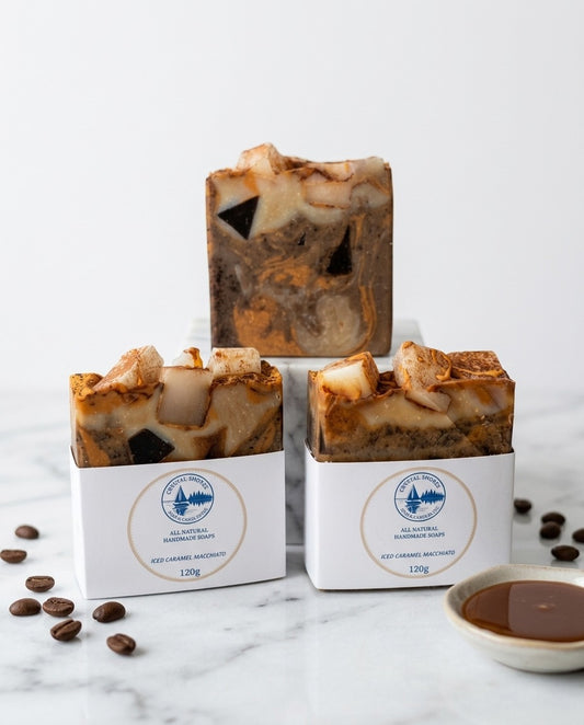 Iced Caramel Macchiato — handmade soap on marble with coffee beans