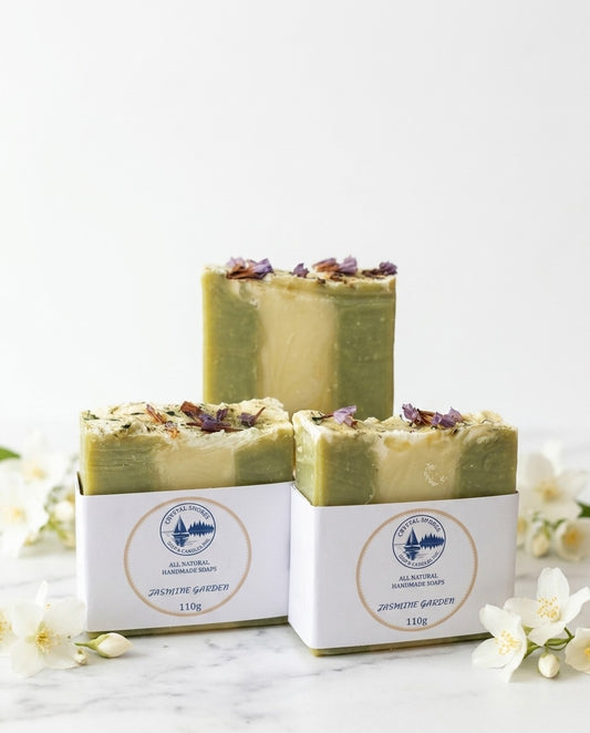 Jasmine Garden — handmade soap on marble with jasmine flowers