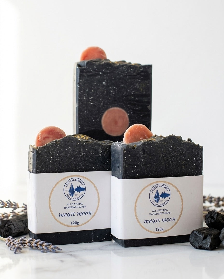 Magic Moon — handmade charcoal soap on marble with lavender