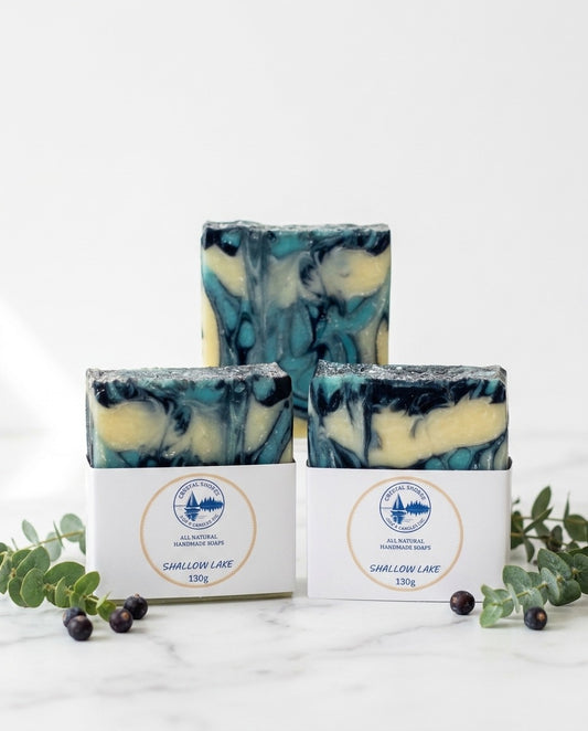 Shallow Lake — handmade marbled soap on marble with eucalyptus