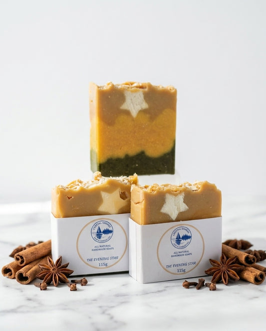 The Evening Star — handmade soap on marble with cinnamon and star anise