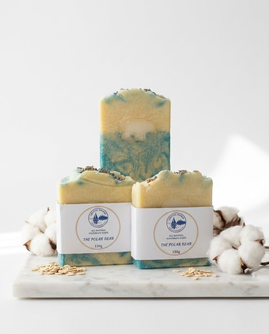 The Polar Bear — handmade natural soap on marble with oats and cotton