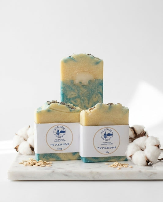 The Polar Bear — handmade natural soap on marble with oats and cotton