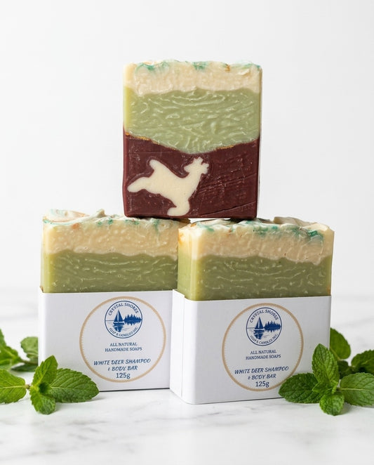White Deer Shampoo & Body Bar — handmade soap on marble with peppermint